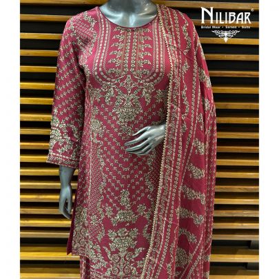 Carrot Red Crepe Long Shirt Paired With Loose Palazzo & Dupatta