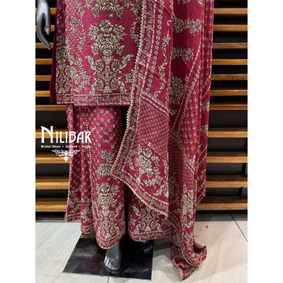 Carrot Red Crepe Long Shirt Paired With Loose Palazzo & Dupatta