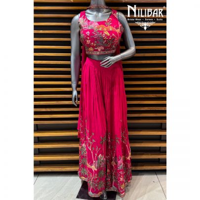 Hot Pink Georgette Crop Top Paired With High Waisted Jaffa Pants