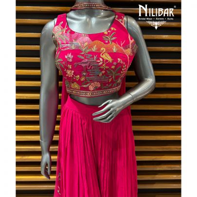 Hot Pink Georgette Crop Top Paired With High Waisted Jaffa Pants