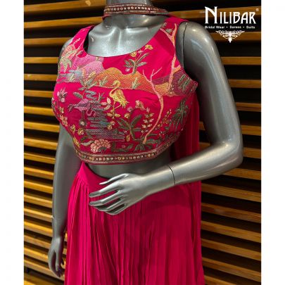 Hot Pink Georgette Crop Top Paired With High Waisted Jaffa Pants