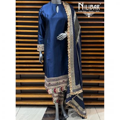 Moon Blue Silk Straight Long Shirt Paired With Pants