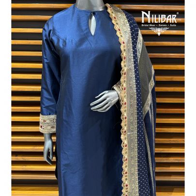 Moon Blue Silk Straight Long Shirt Paired With Pants