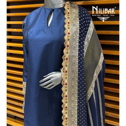 Moon Blue Silk Straight Long Shirt Paired With Pants