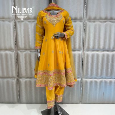 Yellow Georgette & Silk Knee Length Anarkali Suit