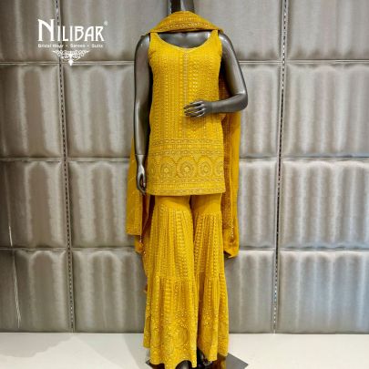 Yellow Georgette Short Shirt and Garara Suit