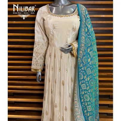 Cream & Sea Green Banarsi & Silk Anarkali Suit
