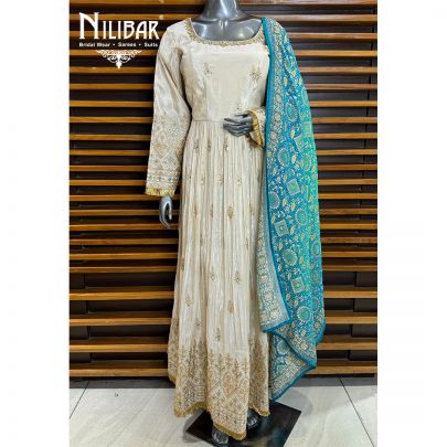 Cream & Sea Green Banarsi & Silk Anarkali Suit