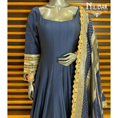 Navy Blue Silk Anarkali Suit