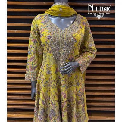 Yellow Georgette Anarkali Suit With Palazzo