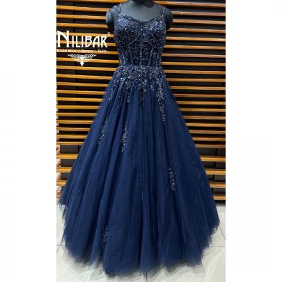 Moon Blue Soft Net Long Flare Engagement Gown