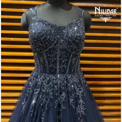 Moon Blue Soft Net Long Flare Engagement Gown