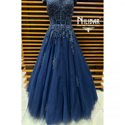 Moon Blue Soft Net Long Flare Engagement Gown