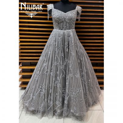 Grey Soft Net Long Flare Engagement Gown