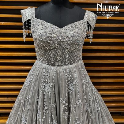 Grey Soft Net Long Flare Engagement Gown