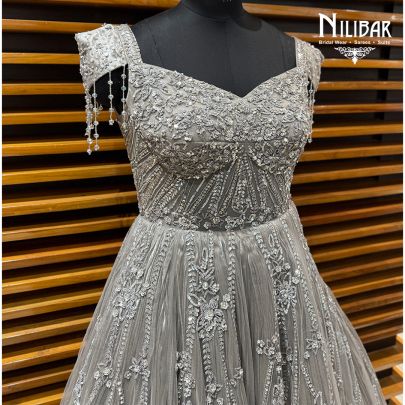 Grey Soft Net Long Flare Engagement Gown