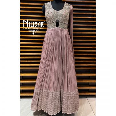 Onion Pink Crepe Long Dress Detailed With Centre Cut & One Sided Drape