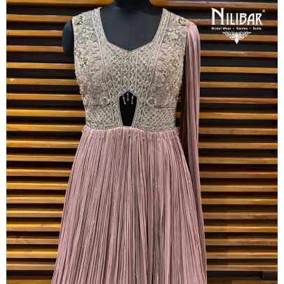 Onion Pink Crepe Long Dress Detailed With Centre Cut & One Sided Drape