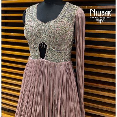 Onion Pink Crepe Long Dress Detailed With Centre Cut & One Sided Drape