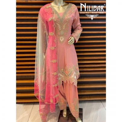 Salmon Pink Chinon Salwar Suit