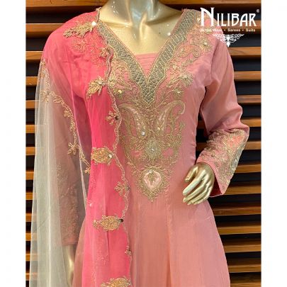 Salmon Pink Chinon Salwar Suit