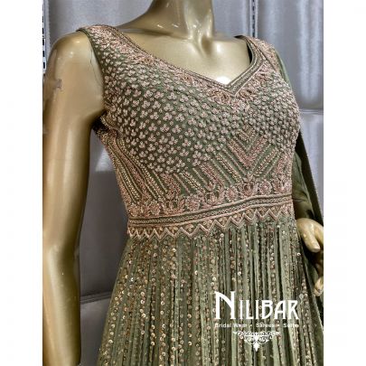 Olive Green Georgette Chinon Anarkali