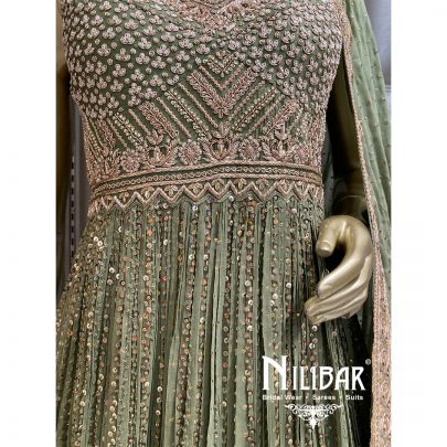 Olive Green Georgette Chinon Anarkali