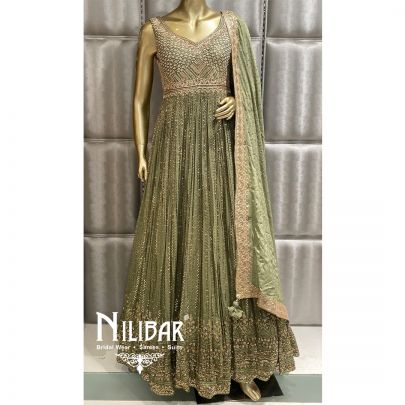 Olive Green Georgette Chinon Anarkali