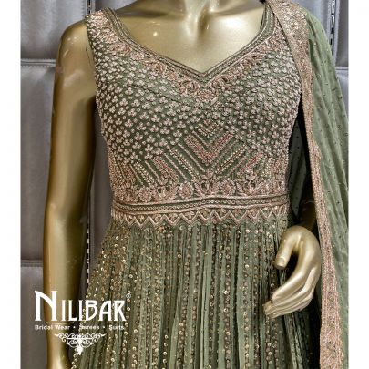 Olive Green Georgette Chinon Anarkali