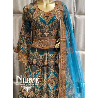 Peacock Blue Crepe Net Anarkali