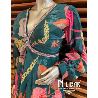 Green Crepe Floral Printed Anarkali. 