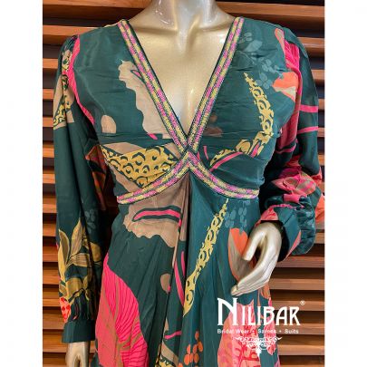 Green Crepe Floral Printed Anarkali. 