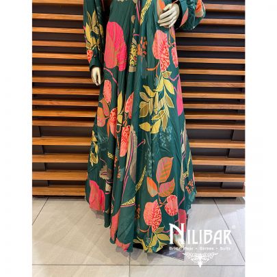 Green Crepe Floral Printed Anarkali. 