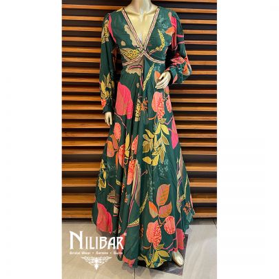 Green Crepe Floral Printed Anarkali. 