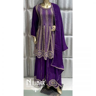 Purple Chinon Peplum Suit
