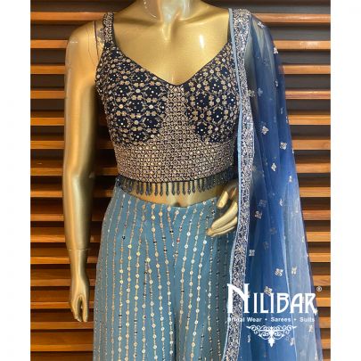 Blue Georgette Net Crop Top Set
