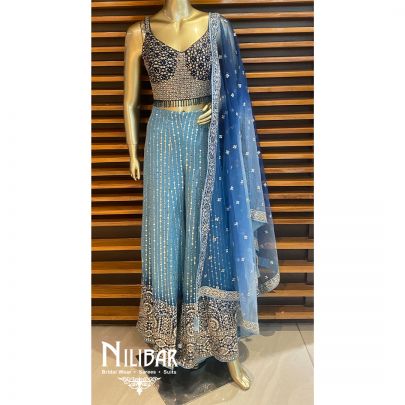 Blue Georgette Net Crop Top Set