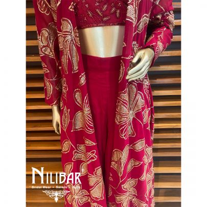 Burgundy Georgette Net Cape Style Set