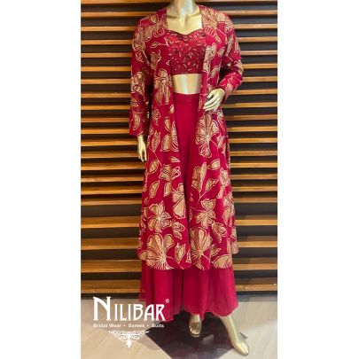 Burgundy Georgette Net Cape Style Set