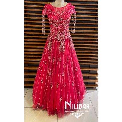 Punch Pink Net Embroidered Gown