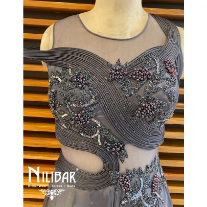 Grey Satin Embroidered Gown