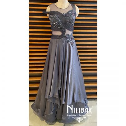 Grey Satin Embroidered Gown