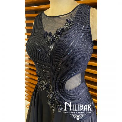 Blue Satin Embroidered Gown