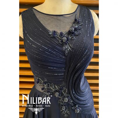 Blue Satin Embroidered Gown