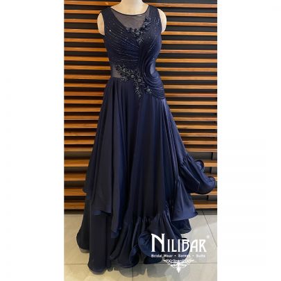 Blue Satin Embroidered Gown