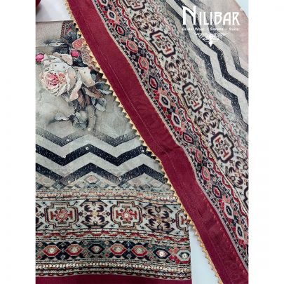 Gray And Mehroon Crepe Unstitched Suit