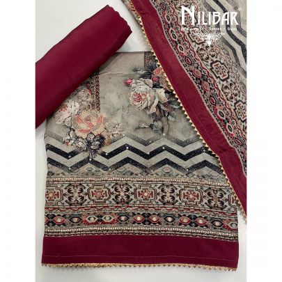 Gray And Mehroon Crepe Unstitched Suit
