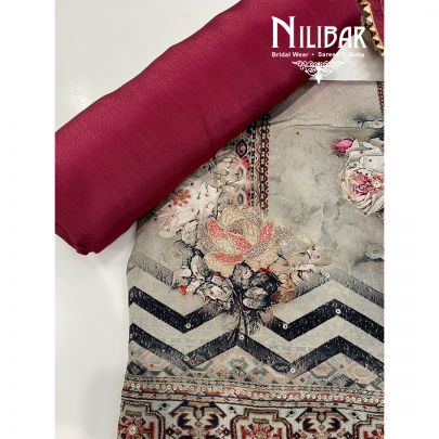 Gray And Mehroon Crepe Unstitched Suit