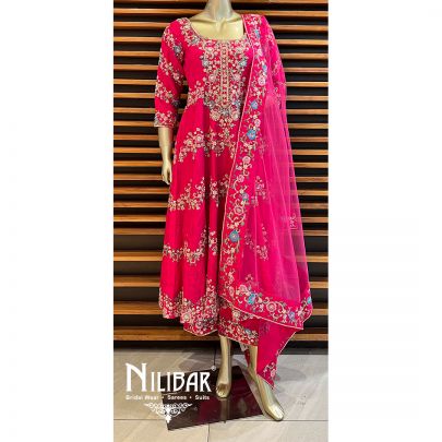 Hot Pink Raw Silk Anarkali Suit Set