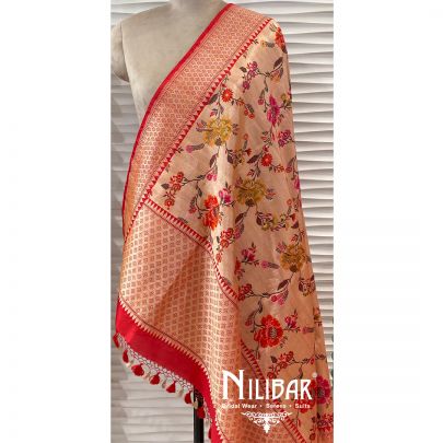 Beige And Red Jamdani Silk Dupatta